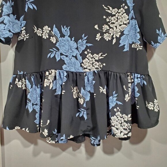 Asos Women's Black Blue Floral Short-Sleeved Peplum Top Blouse Ruffles Sz 4 - Picture 3 of 12